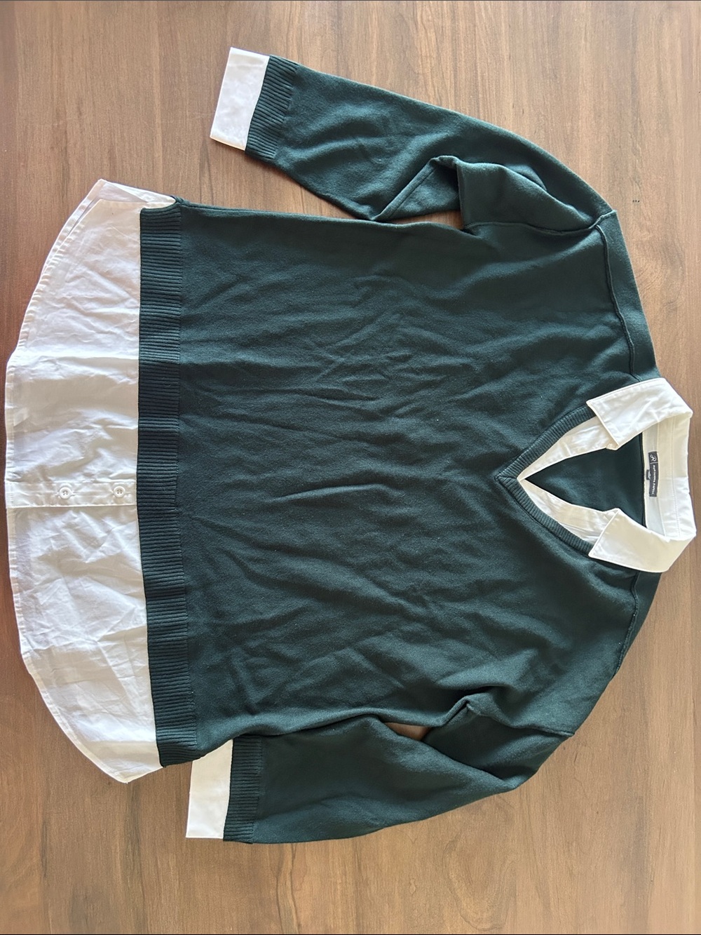 Girls Green V-Neck Pullover with Attached White Shirt